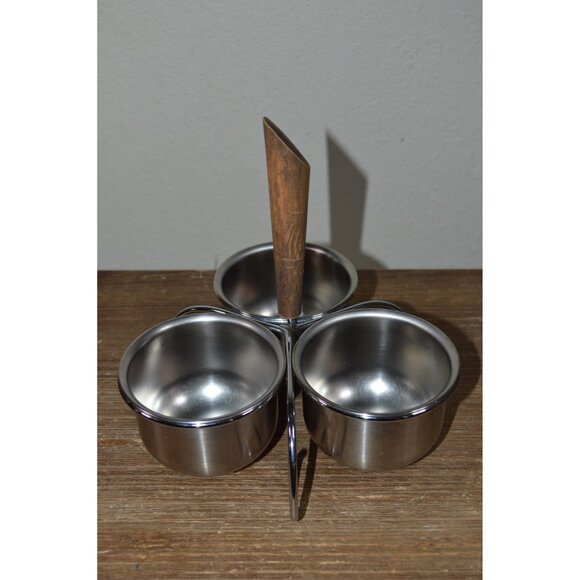 Vintage MCM Condiment Server Serving Set Walnut Stainless Steel Caddy Dish - Picture 3 of 9